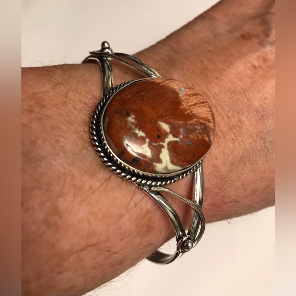 Red Jasper Stamped 925 Sterling Silver Cuff Bracelet
